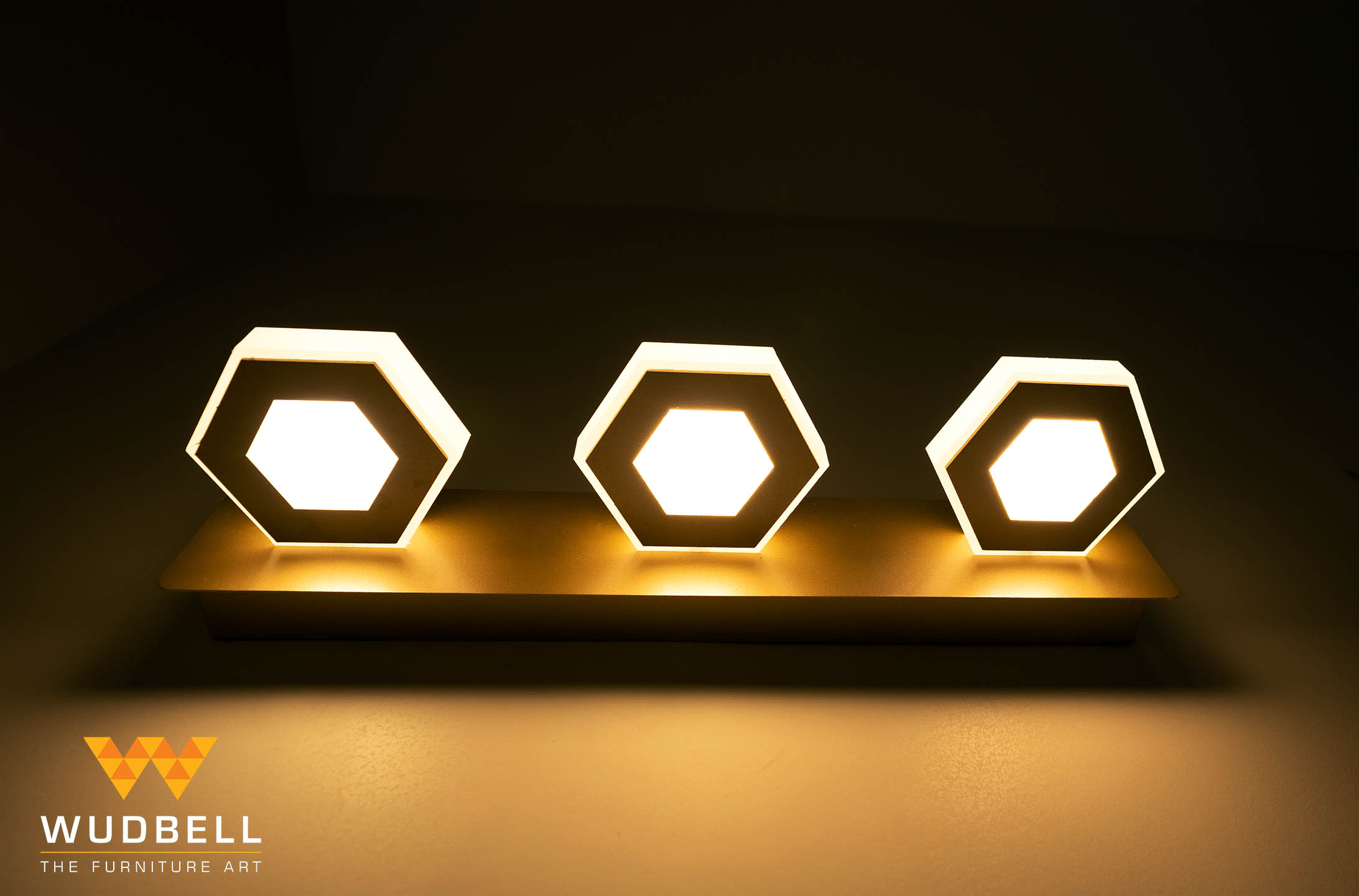The uniquely shaped LED lights adorning the vanity unit