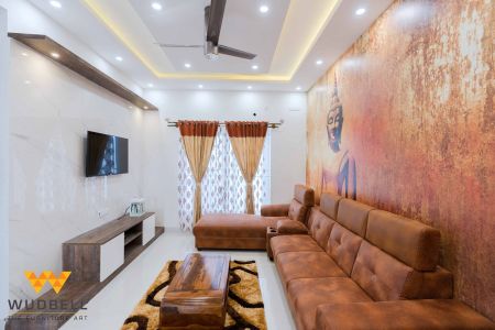 living room, tv unit, Buddha wallpaper, sofa