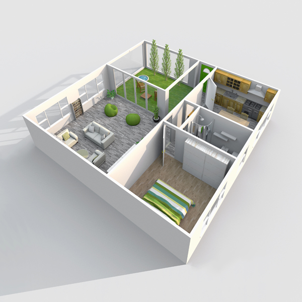 3d interior rendering oblique view of furnished roofless home apartment with green patio: room, bathroom, bedroom, kitchen, living-room, hall, entrance, door, window
